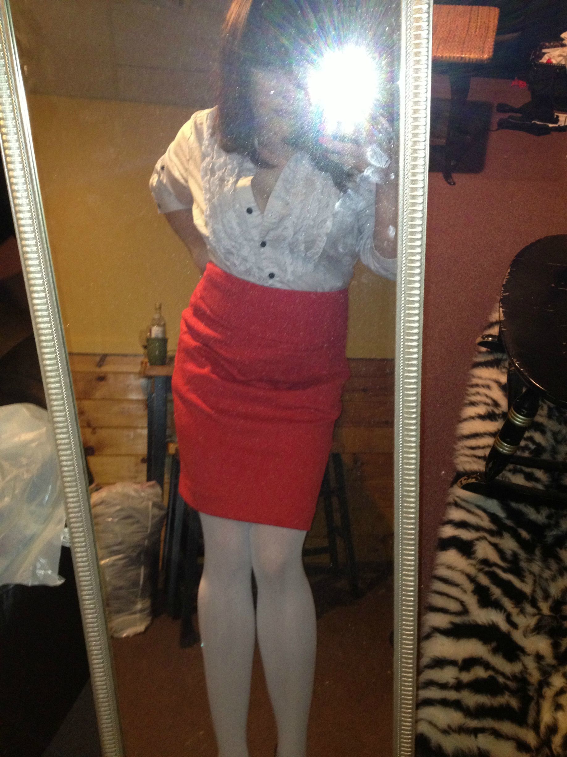 Curvy Brunette In Red Llipstick And Stockings