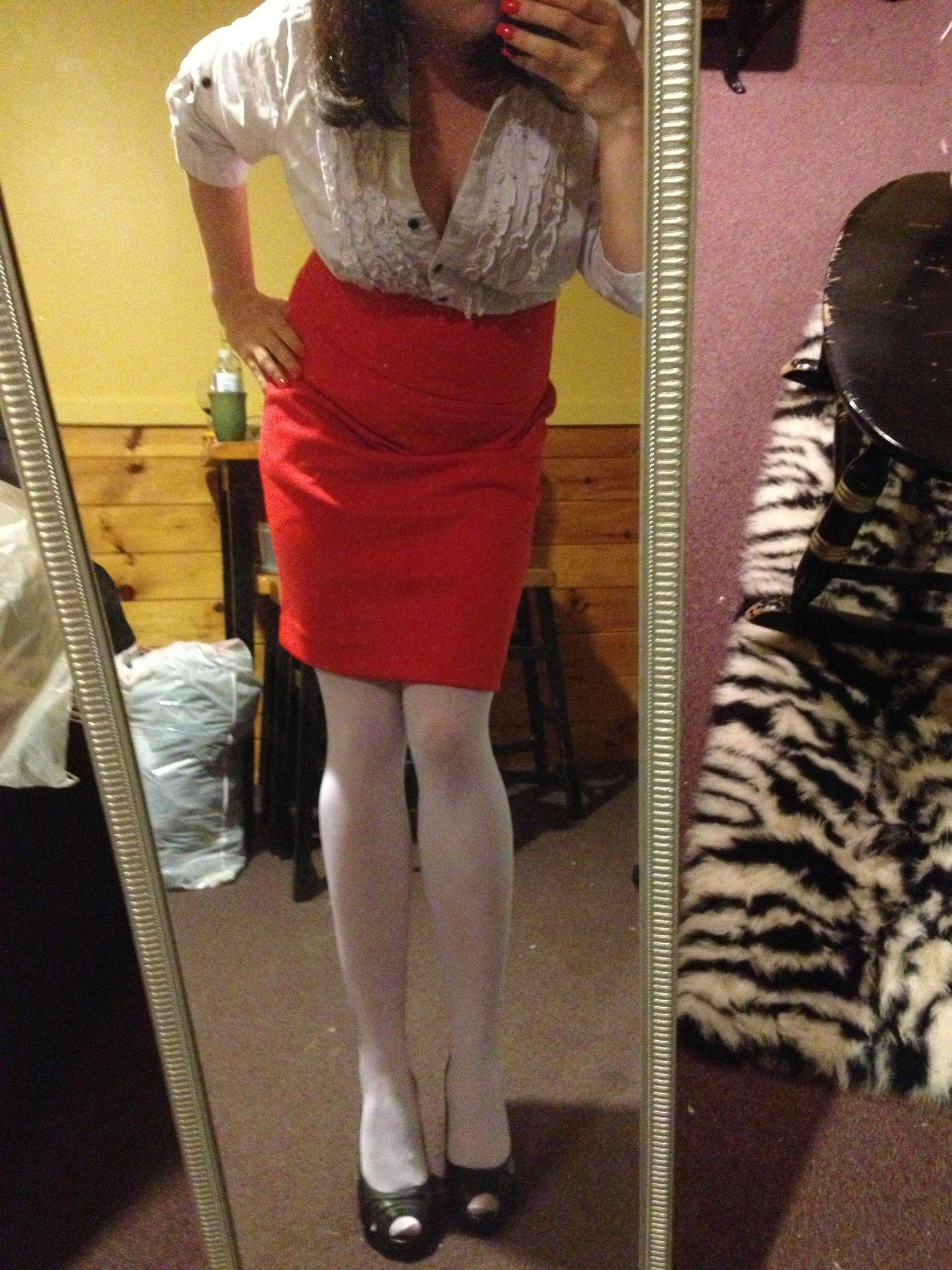 Curvy Brunette In Red Llipstick And Stockings