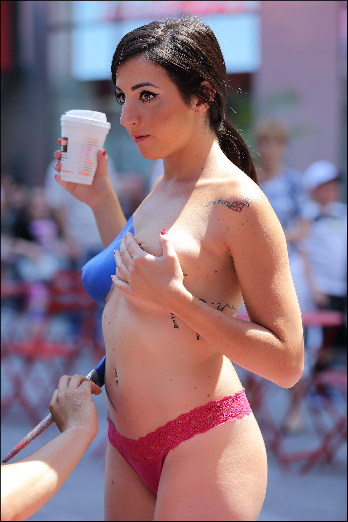 Sexy Brunette Bodypaint Big Tits Pink Thong Panties