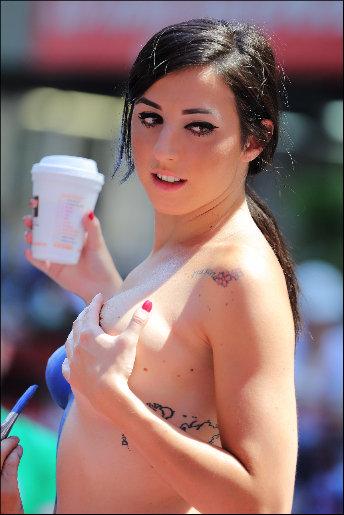 Sexy Brunette Bodypaint Big Tits Pink Thong Panties