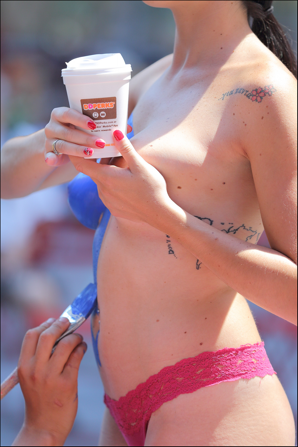 Sexy Brunette Bodypaint Big Tits Pink Thong Panties