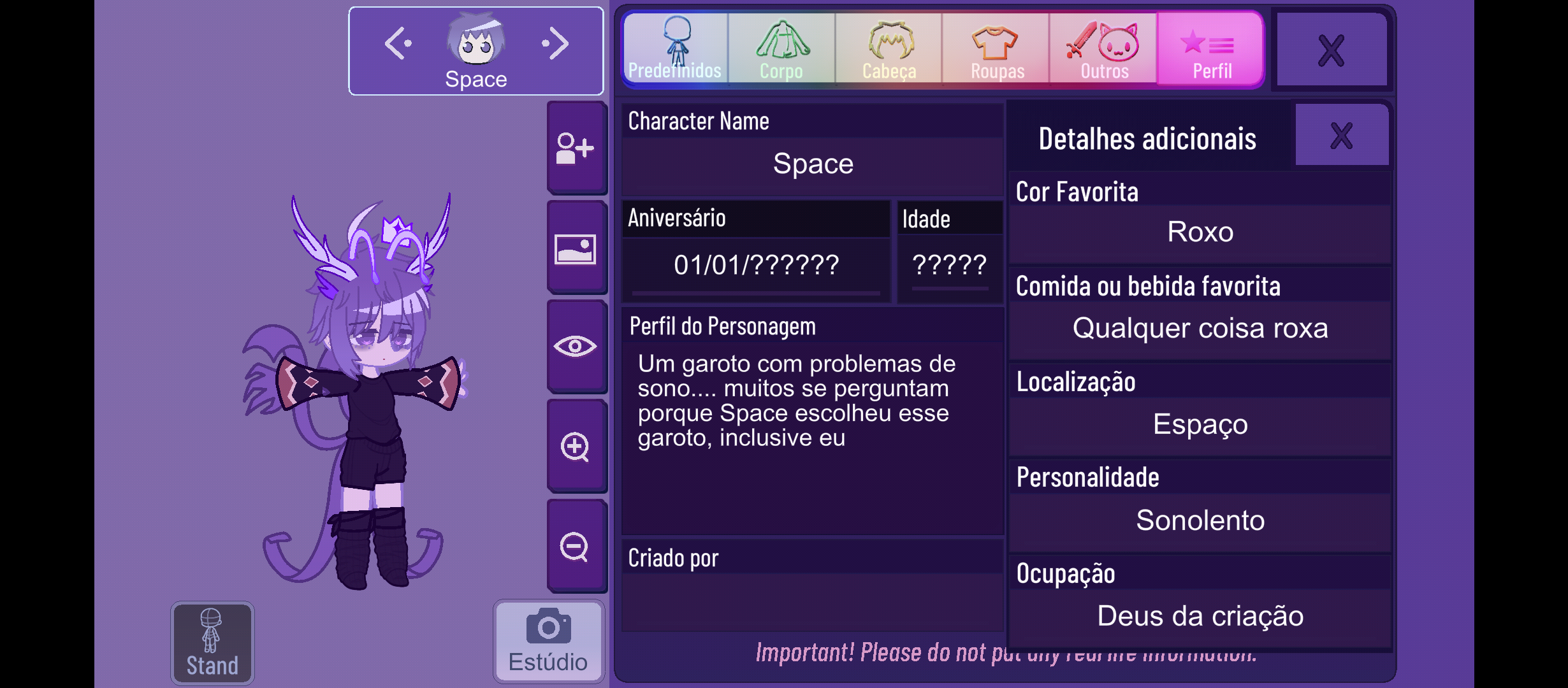 Algumas informações sobre meus personagens<3