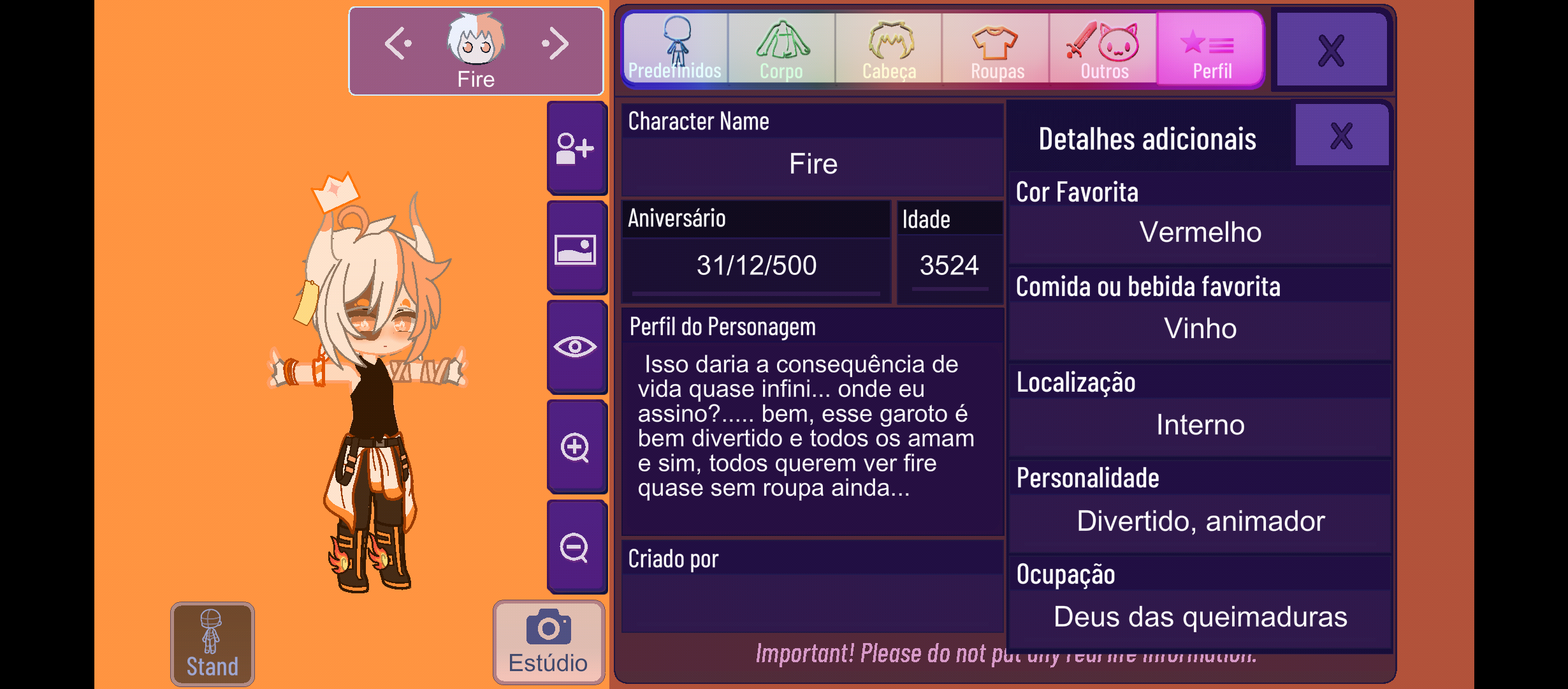 Algumas informações sobre meus personagens<3