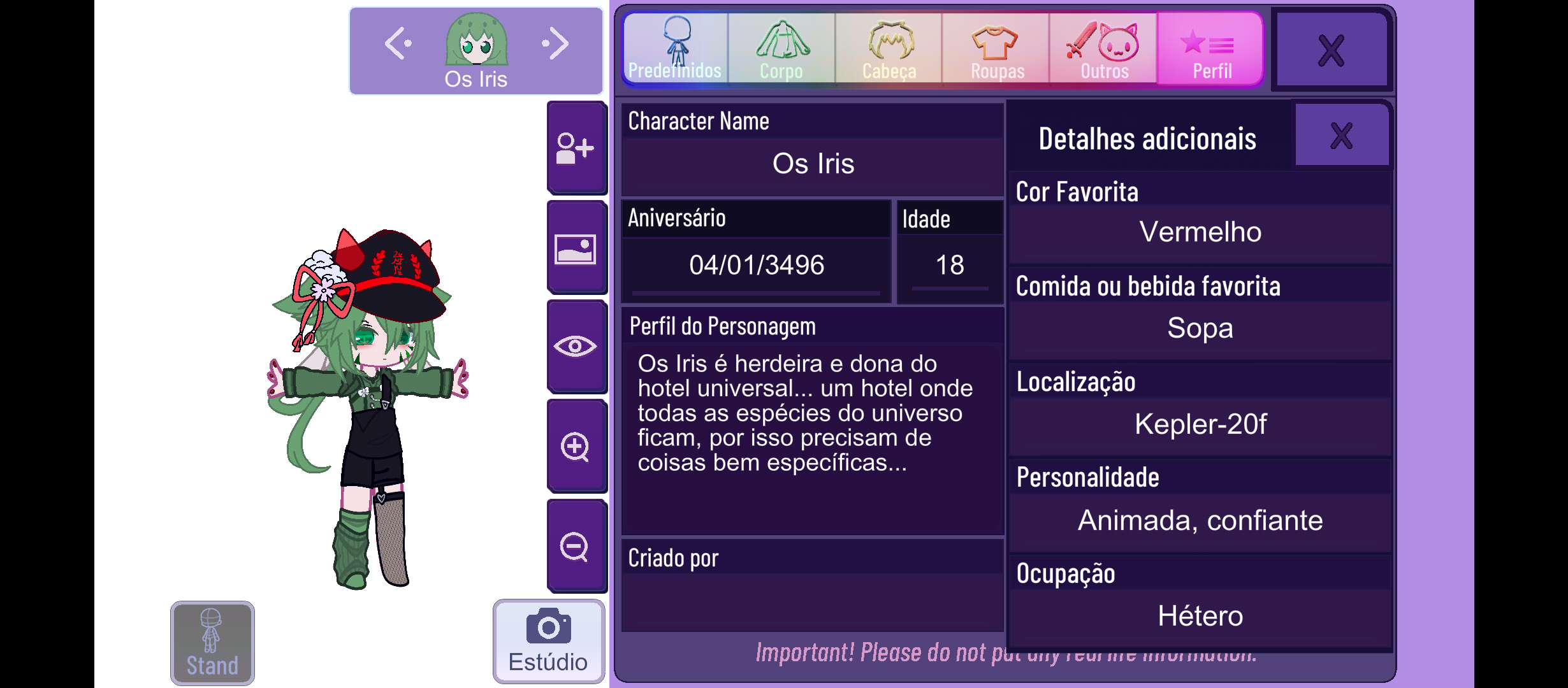 Algumas informações sobre meus personagens<3