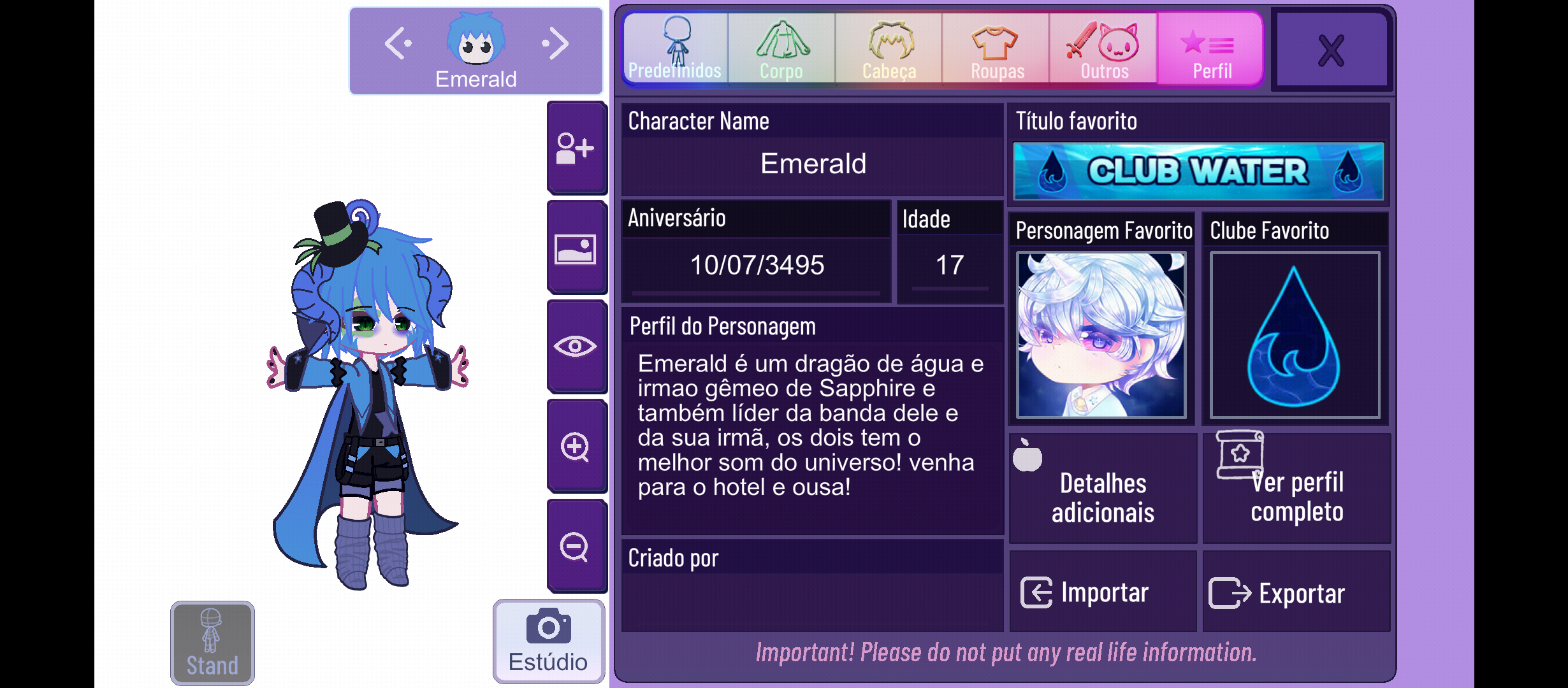 Algumas informações sobre meus personagens<3