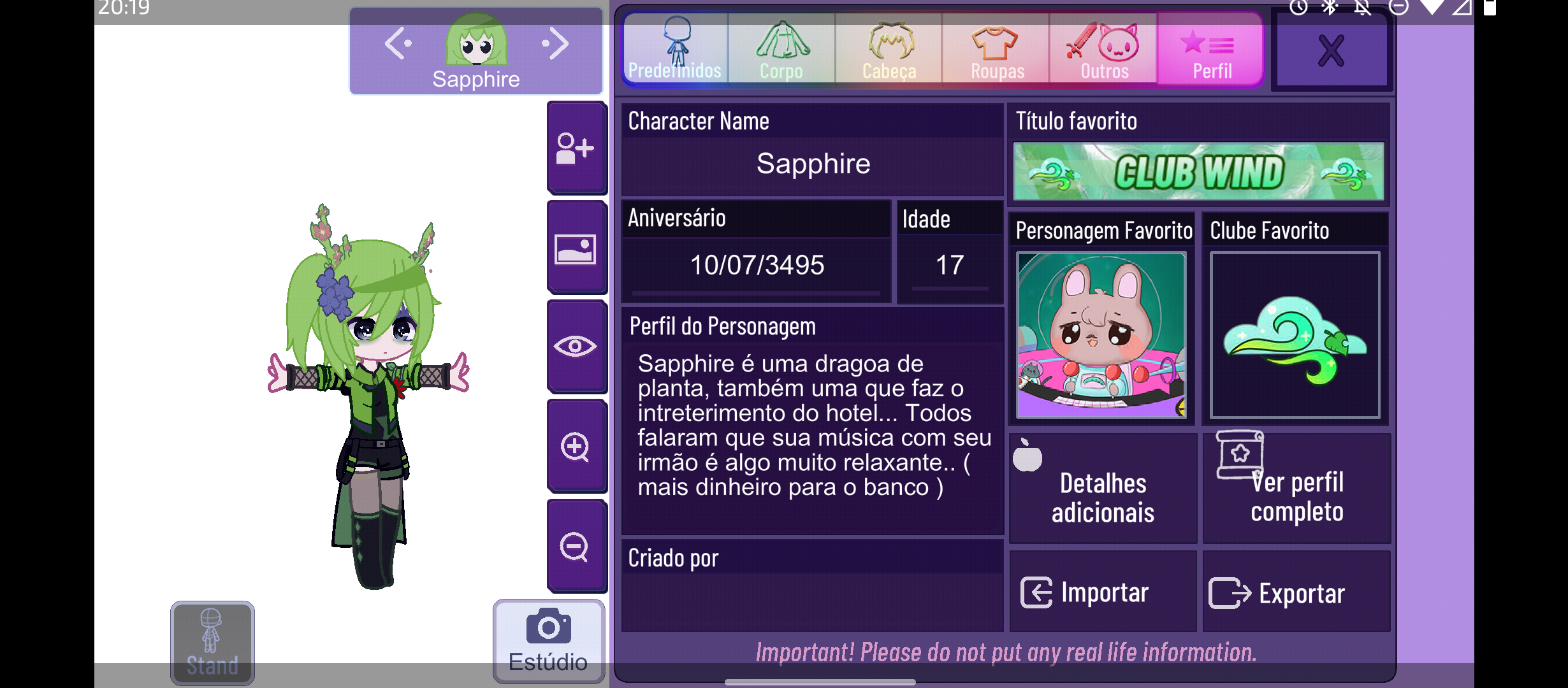 Algumas informações sobre meus personagens<3