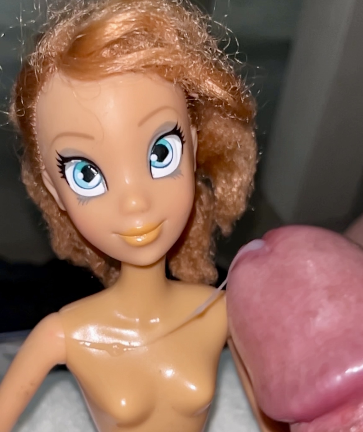Secondhand store big blue eyes ginger Barbie doll cumshot