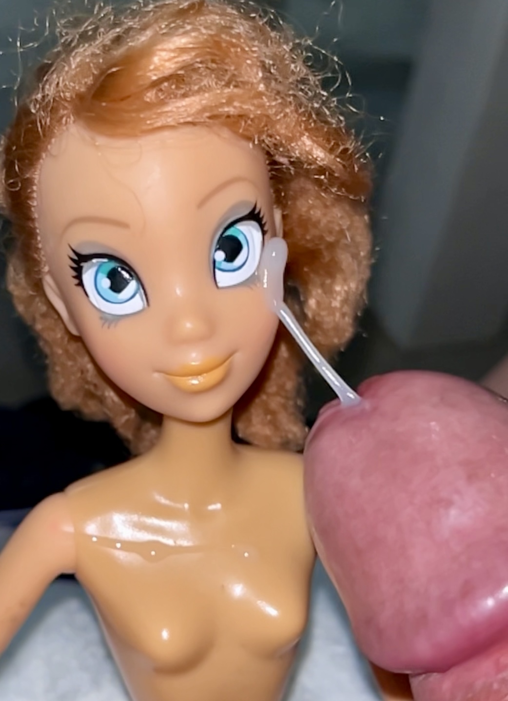 Secondhand store big blue eyes ginger Barbie doll cumshot