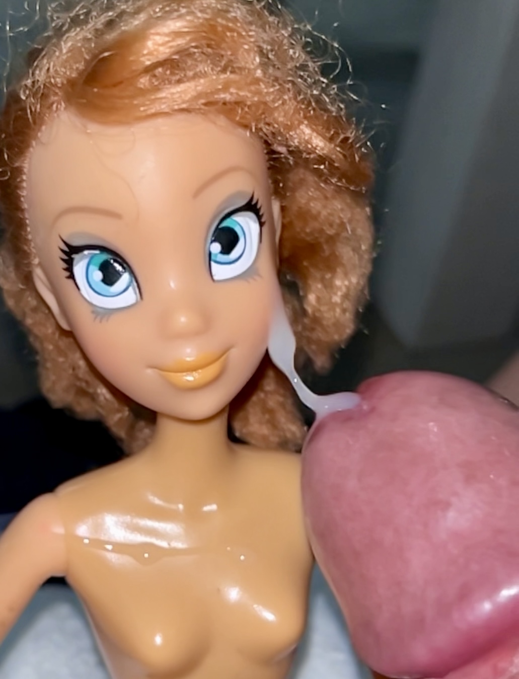 Secondhand store big blue eyes ginger Barbie doll cumshot