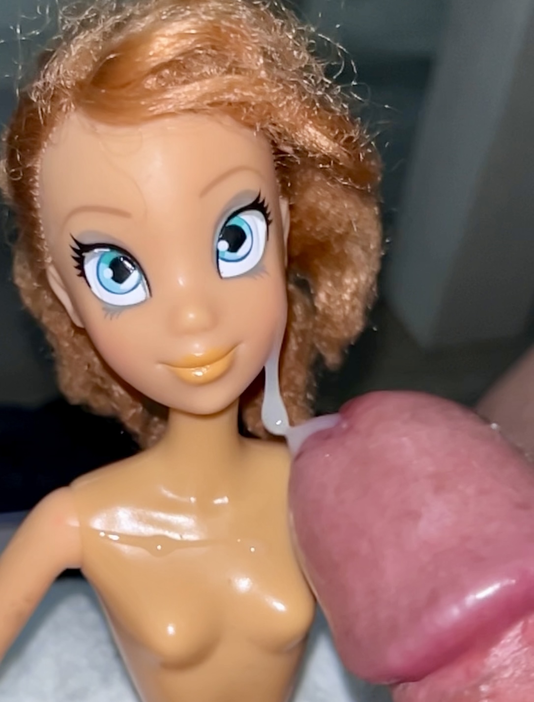 Secondhand store big blue eyes ginger Barbie doll cumshot