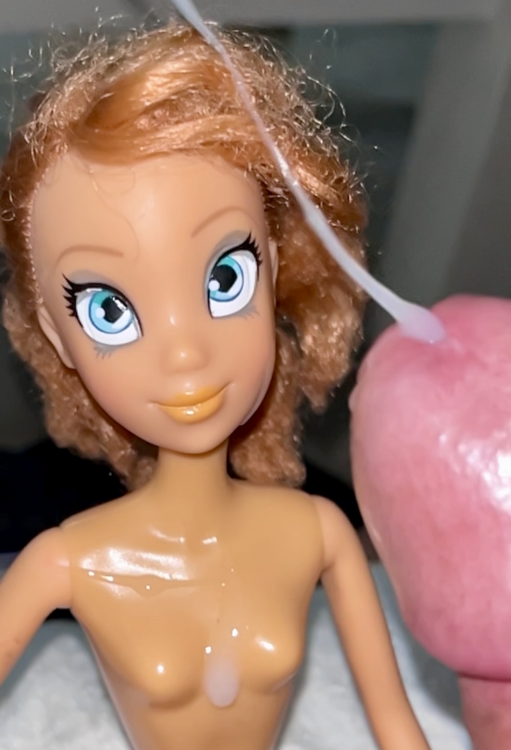 Secondhand store big blue eyes ginger Barbie doll cumshot