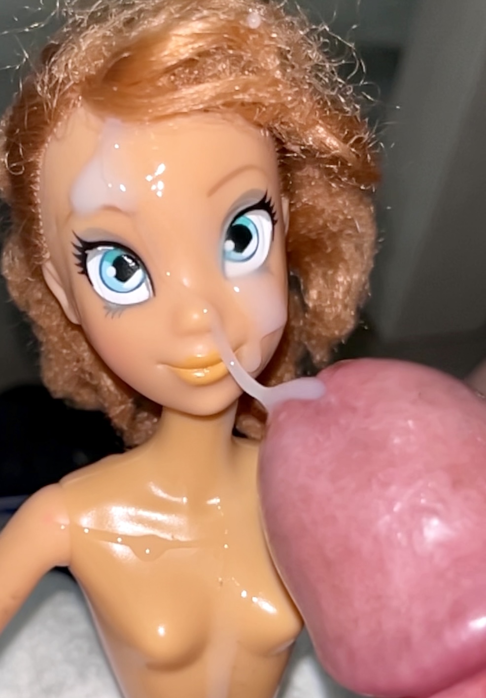 Secondhand store big blue eyes ginger Barbie doll cumshot