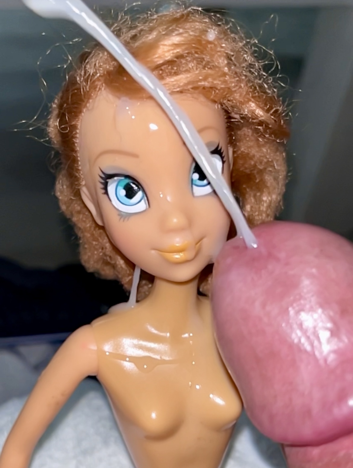 Secondhand store big blue eyes ginger Barbie doll cumshot