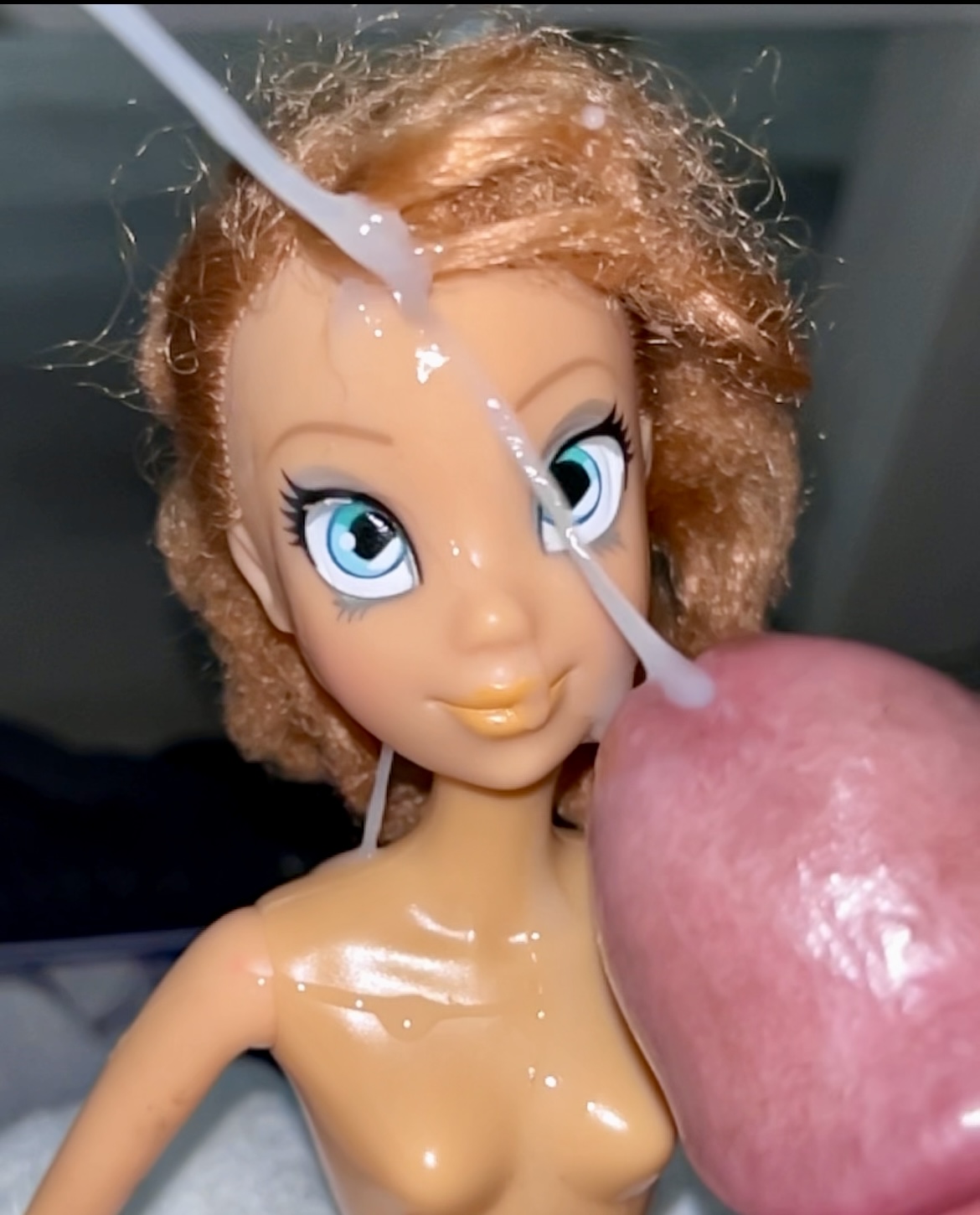 Secondhand store big blue eyes ginger Barbie doll cumshot