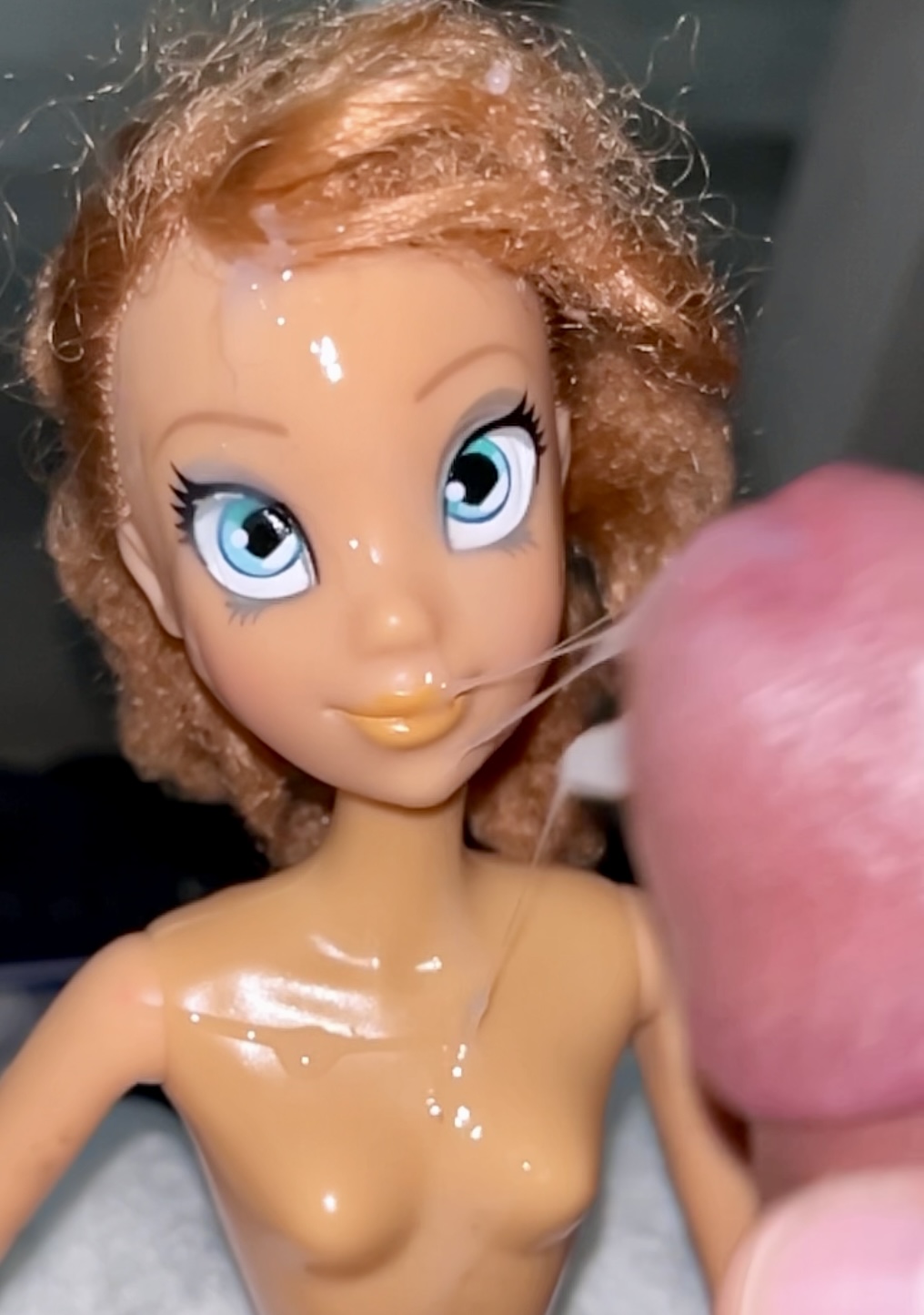 Secondhand store big blue eyes ginger Barbie doll cumshot