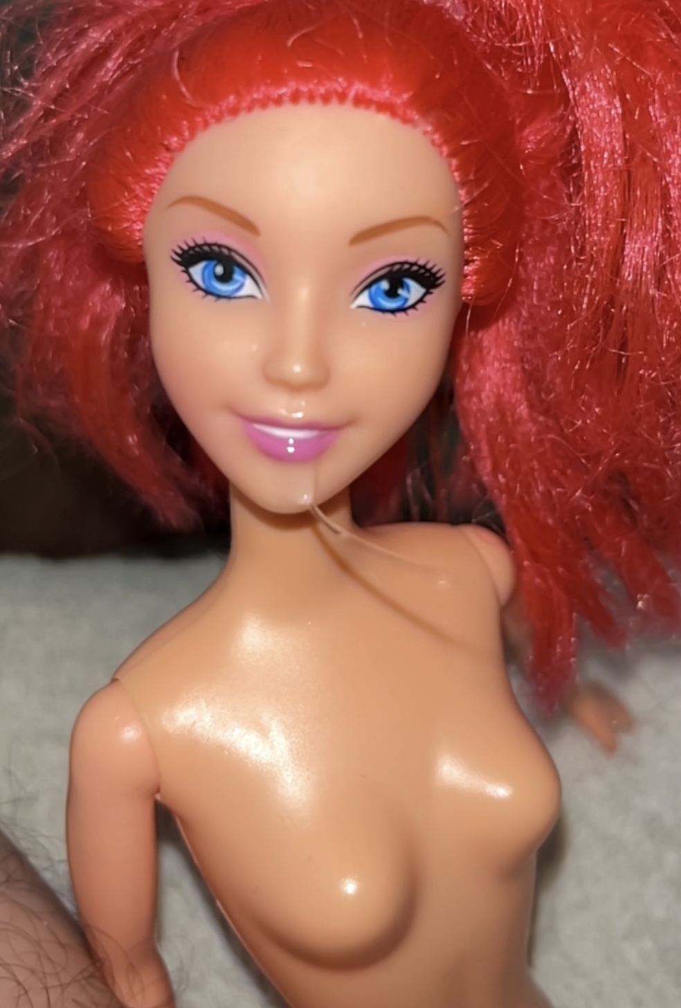 Secondhand store redhead fake Barbie precum and cumshot