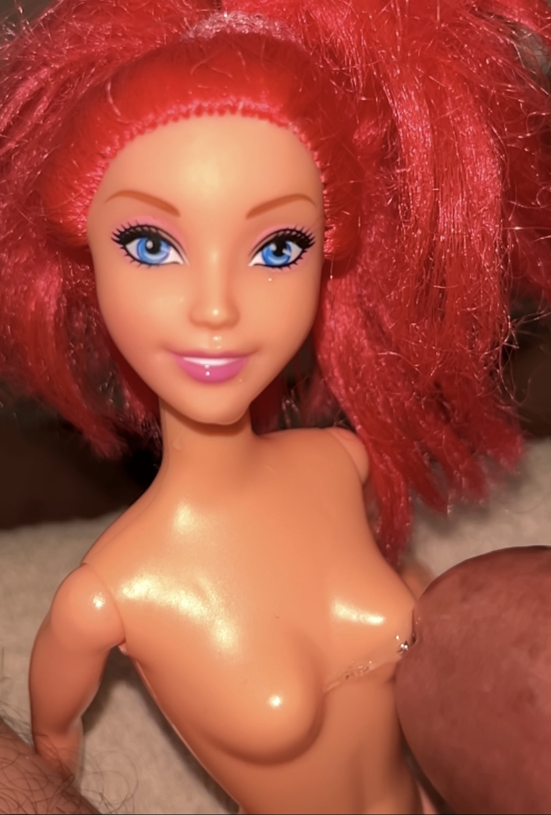 Secondhand store redhead fake Barbie precum and cumshot