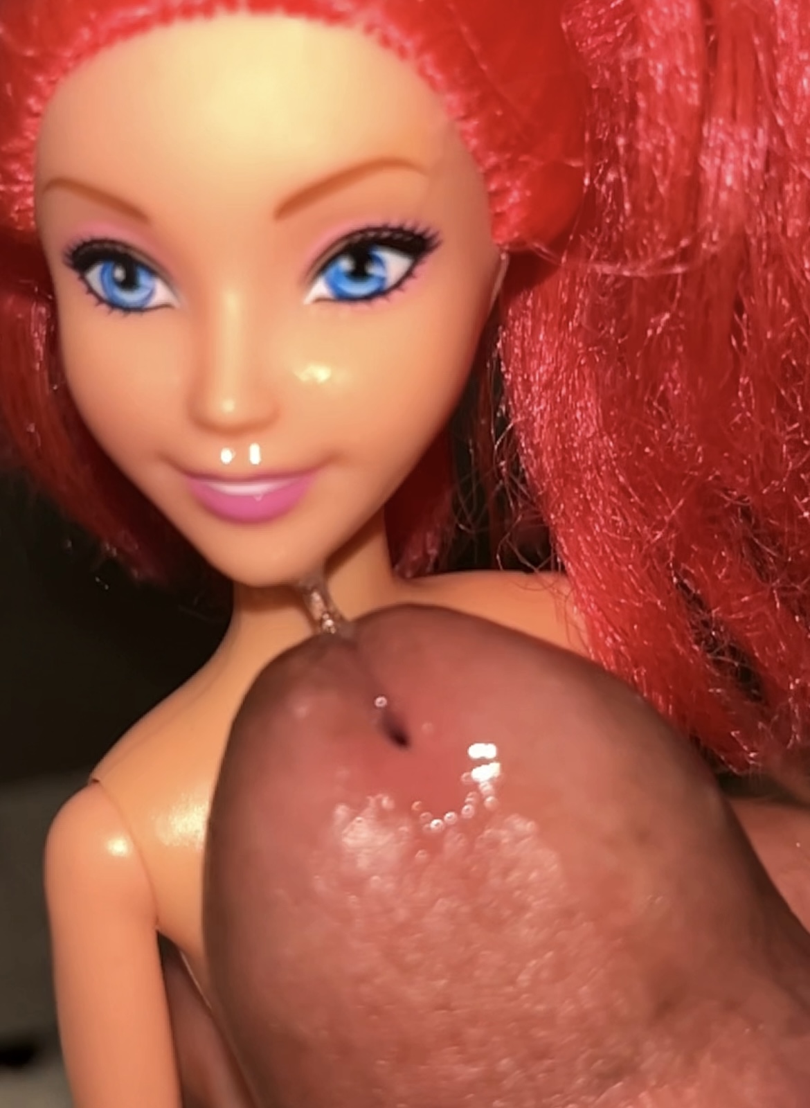 Secondhand store redhead fake Barbie precum and cumshot