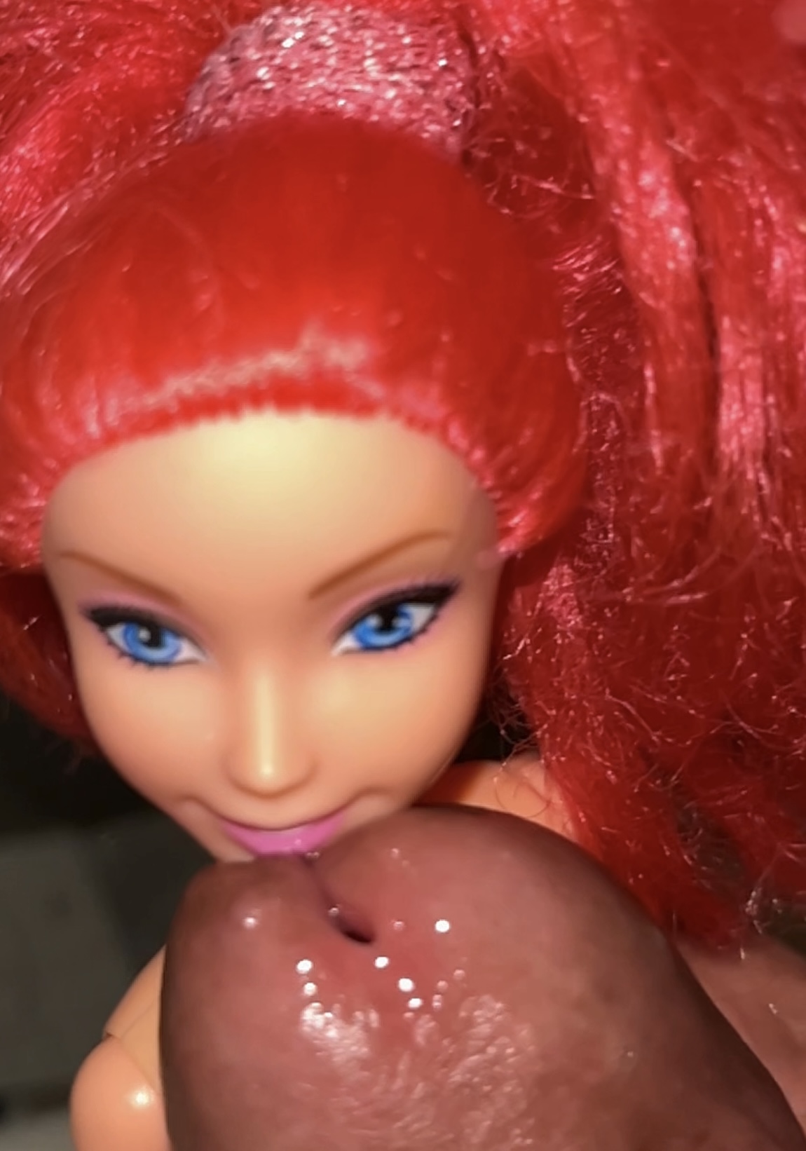 Secondhand store redhead fake Barbie precum and cumshot