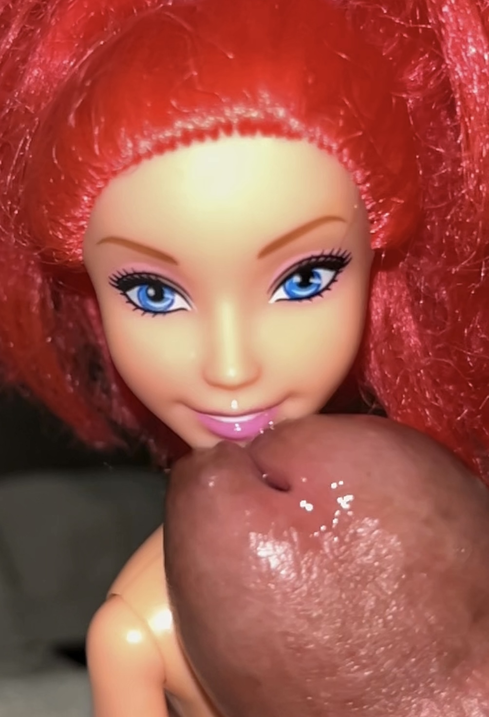 Secondhand store redhead fake Barbie precum and cumshot