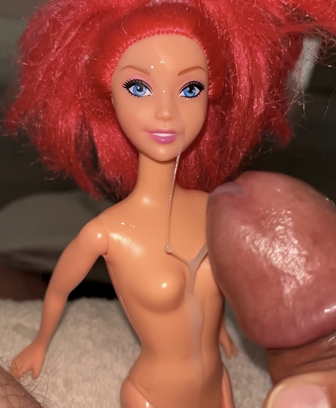 Secondhand store redhead fake Barbie precum and cumshot