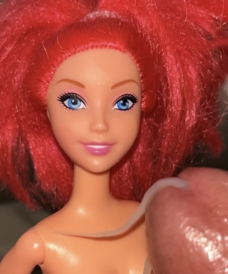 Secondhand store redhead fake Barbie precum and cumshot
