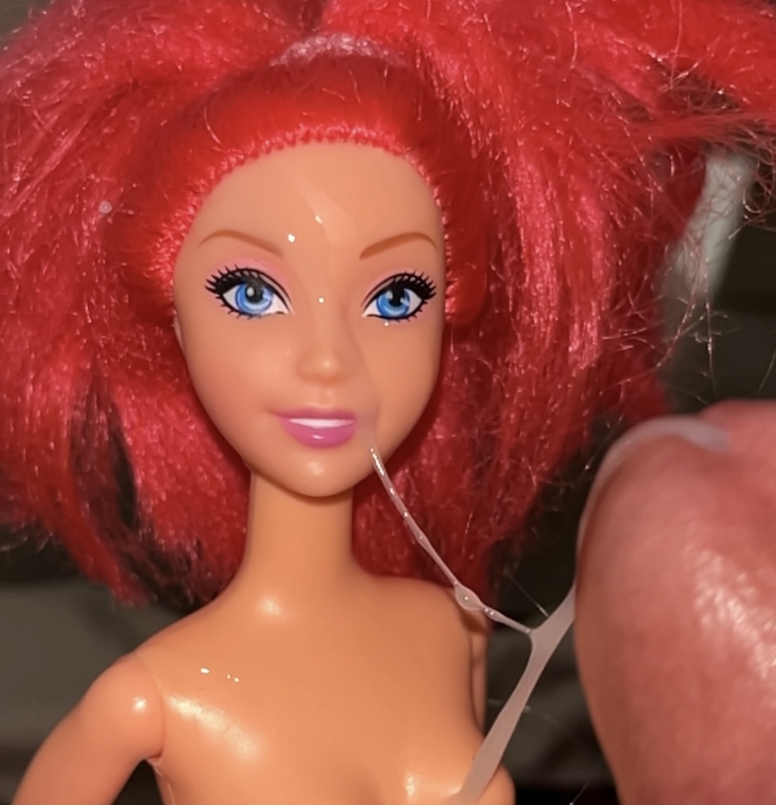 Secondhand store redhead fake Barbie precum and cumshot