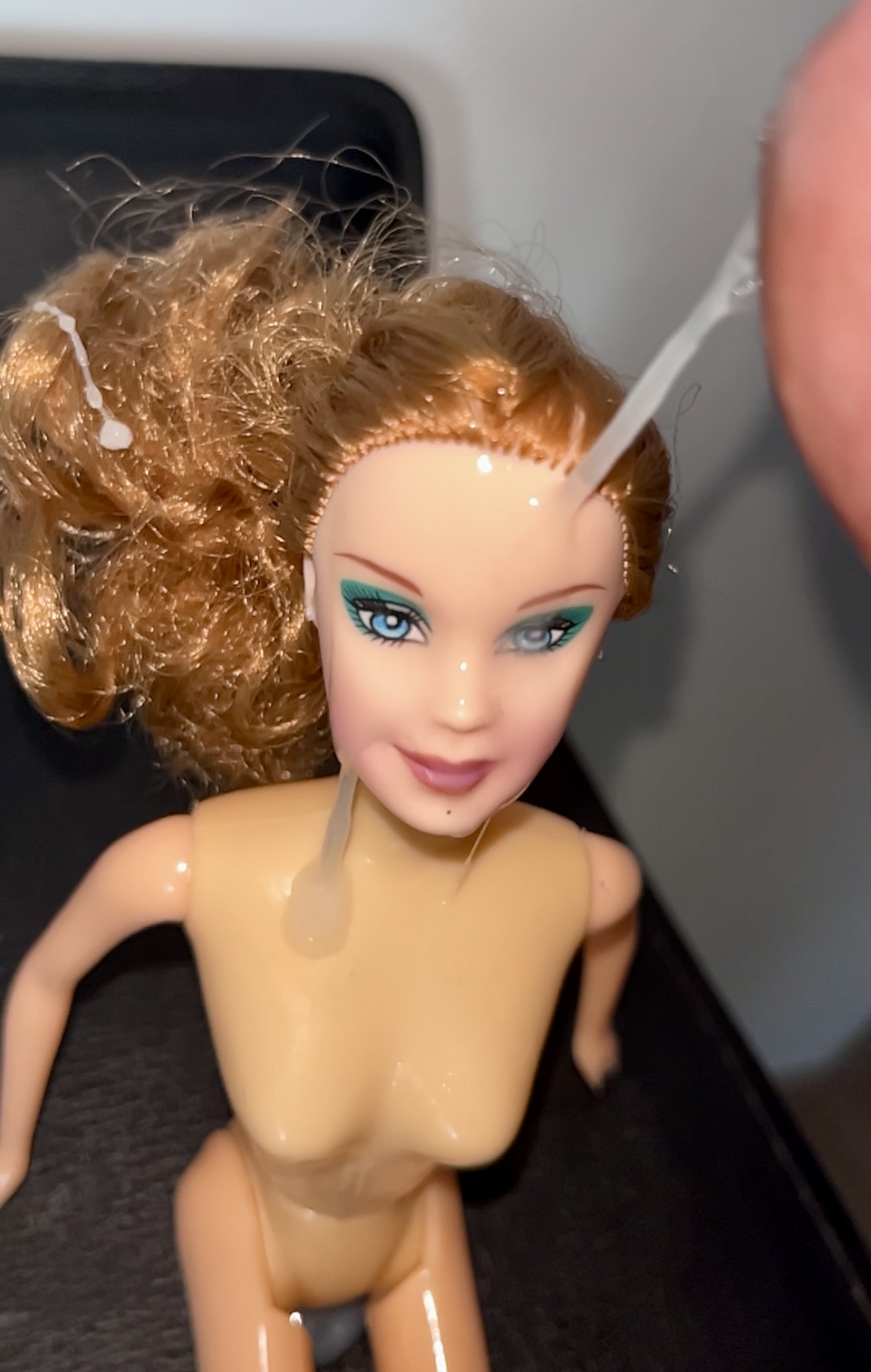 Slut faced Secondhand Barbie gets precum and cumshot facial