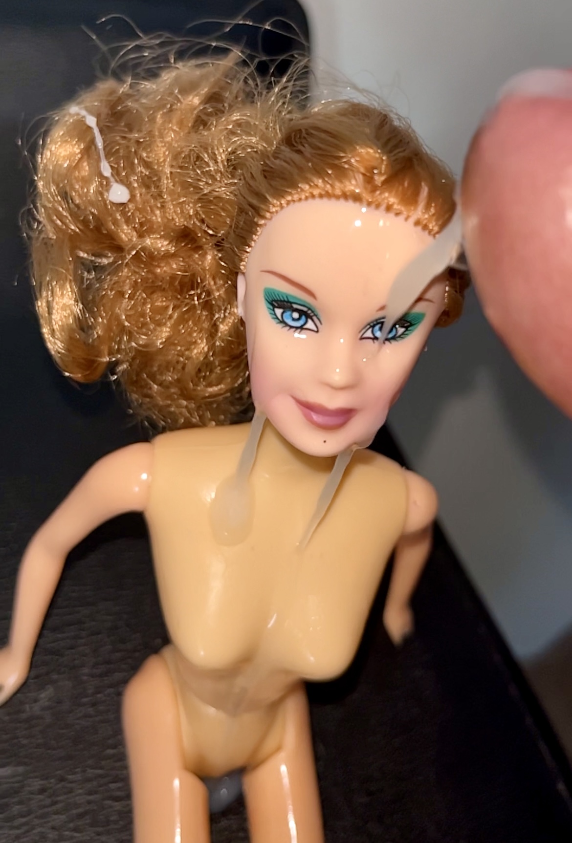 Slut faced Secondhand Barbie gets precum and cumshot facial