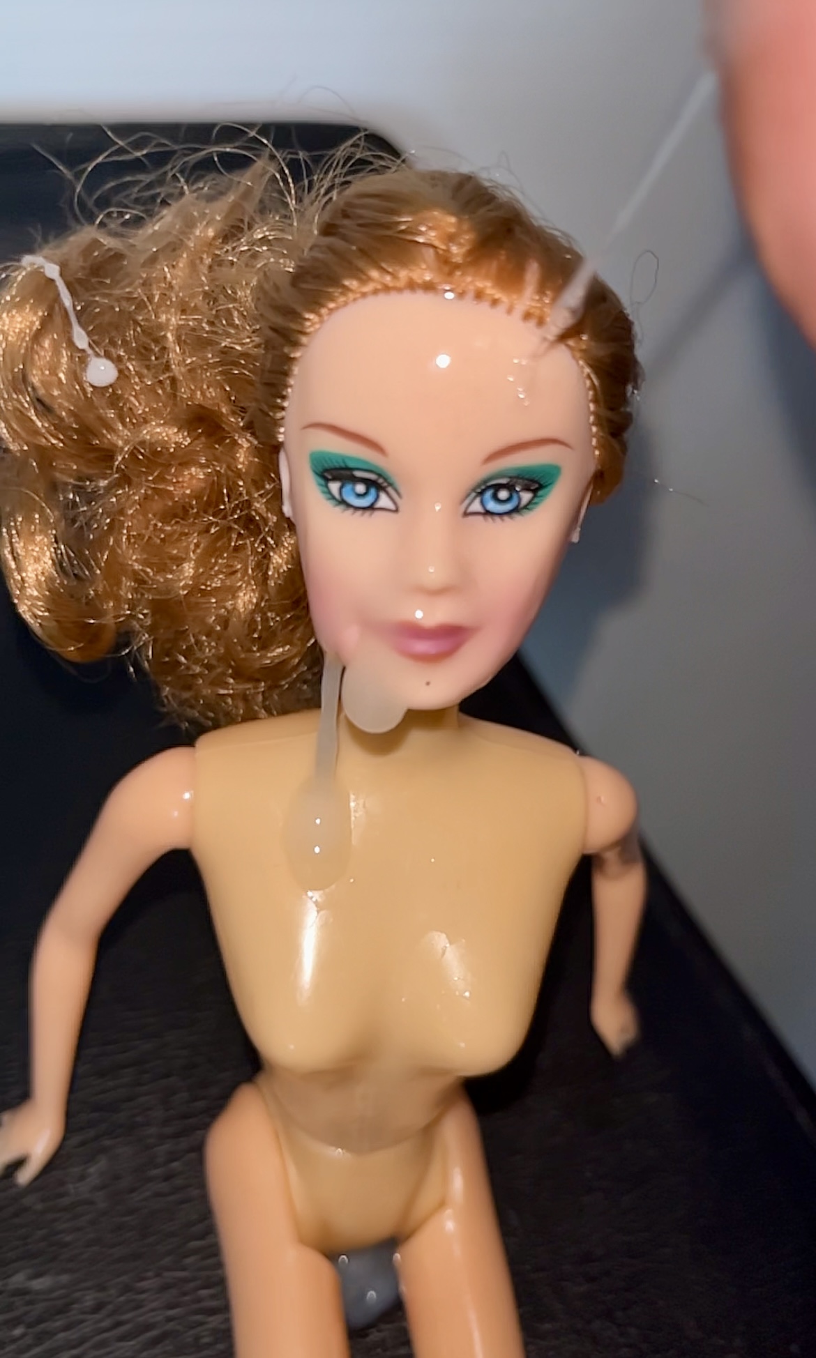 Slut faced Secondhand Barbie gets precum and cumshot facial