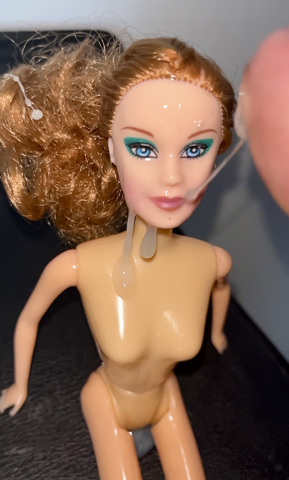 Slut faced Secondhand Barbie gets precum and cumshot facial