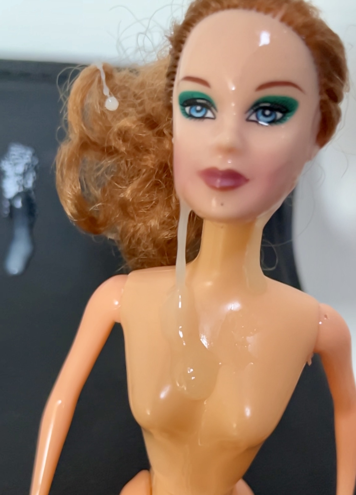 Slut faced Secondhand Barbie gets precum and cumshot facial