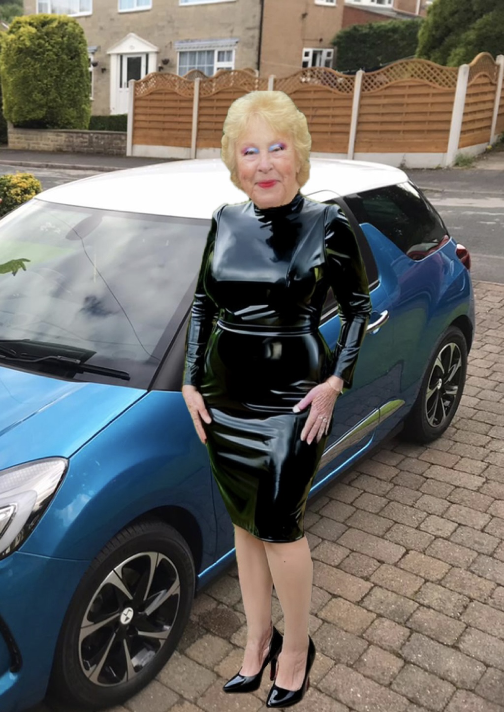 Cathy Slut Granny Cock Sucker Dressed in a Shiny PVC Dress