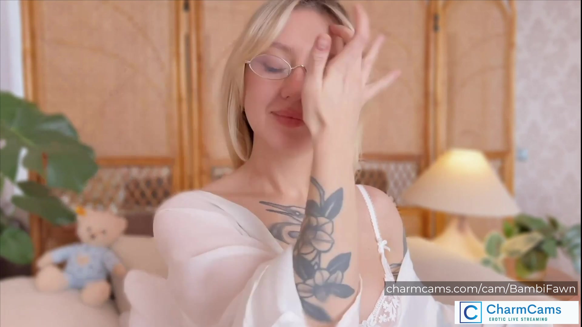 BambiFawn Stunning Blonde CharmCams Model with Glasses, Tatt