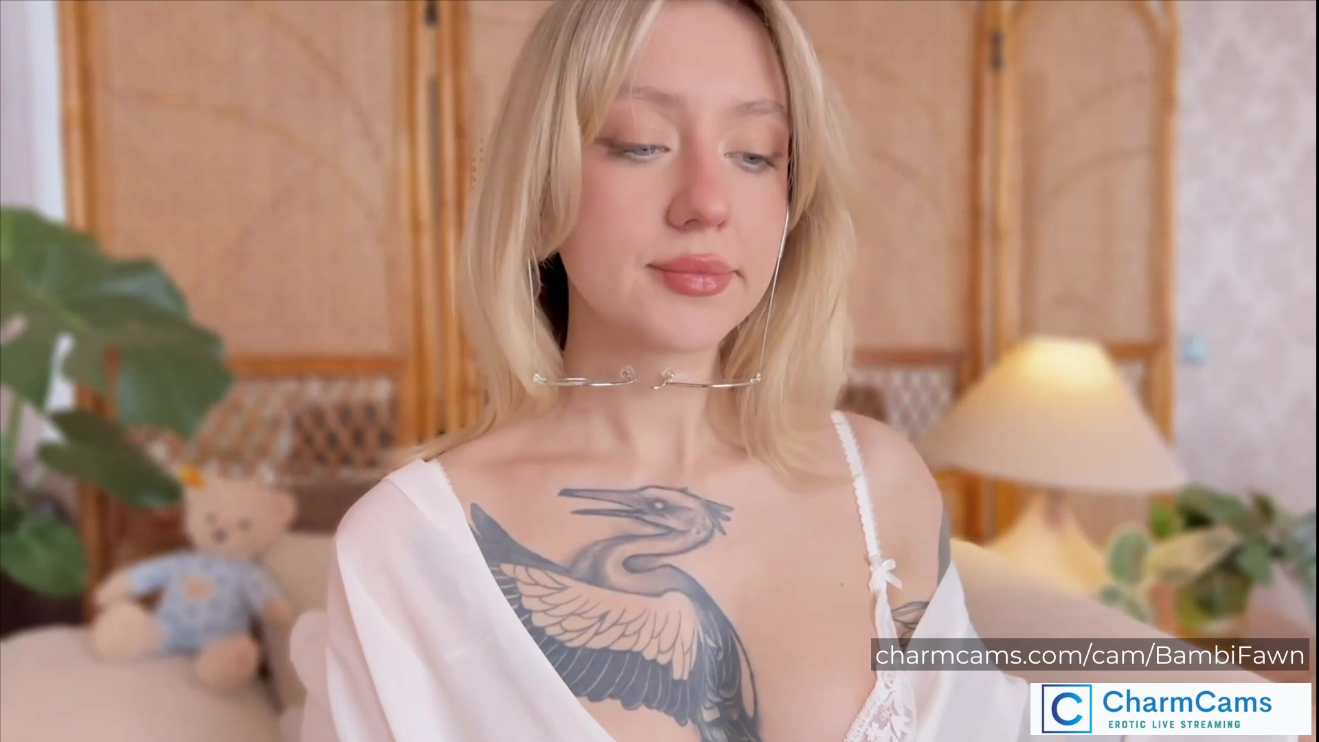 BambiFawn Stunning Blonde CharmCams Model with Glasses, Tatt