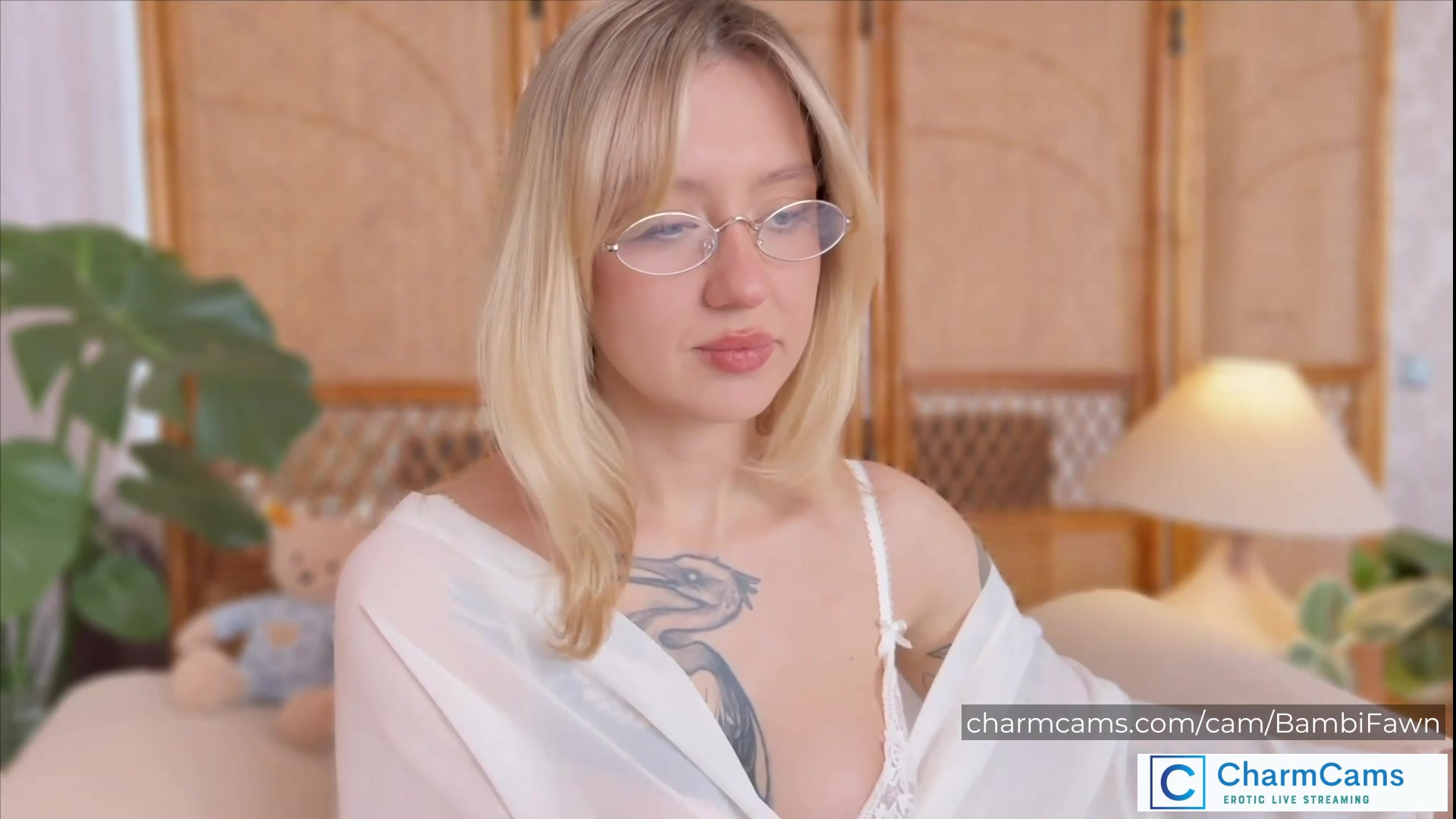 BambiFawn Stunning Blonde CharmCams Model with Glasses, Tatt