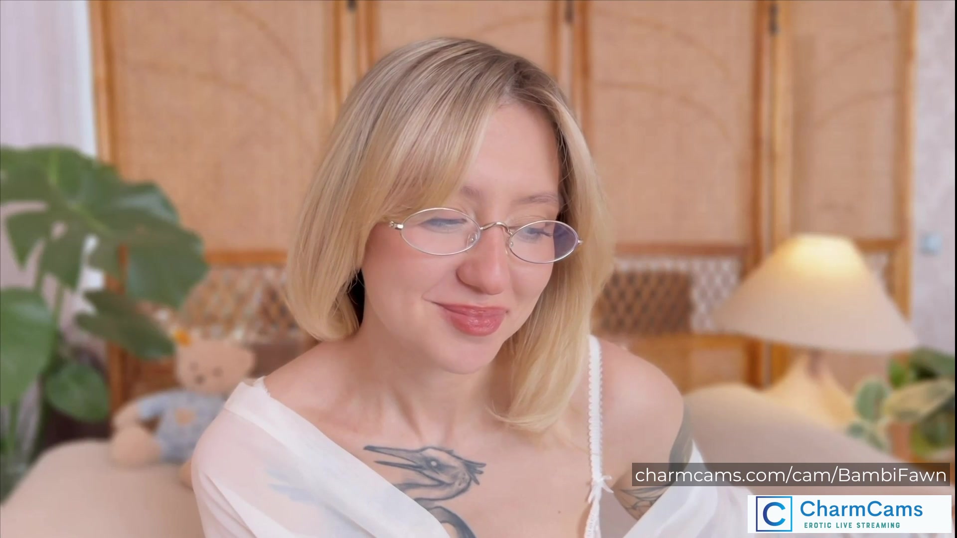 BambiFawn Stunning Blonde CharmCams Model with Glasses, Tatt