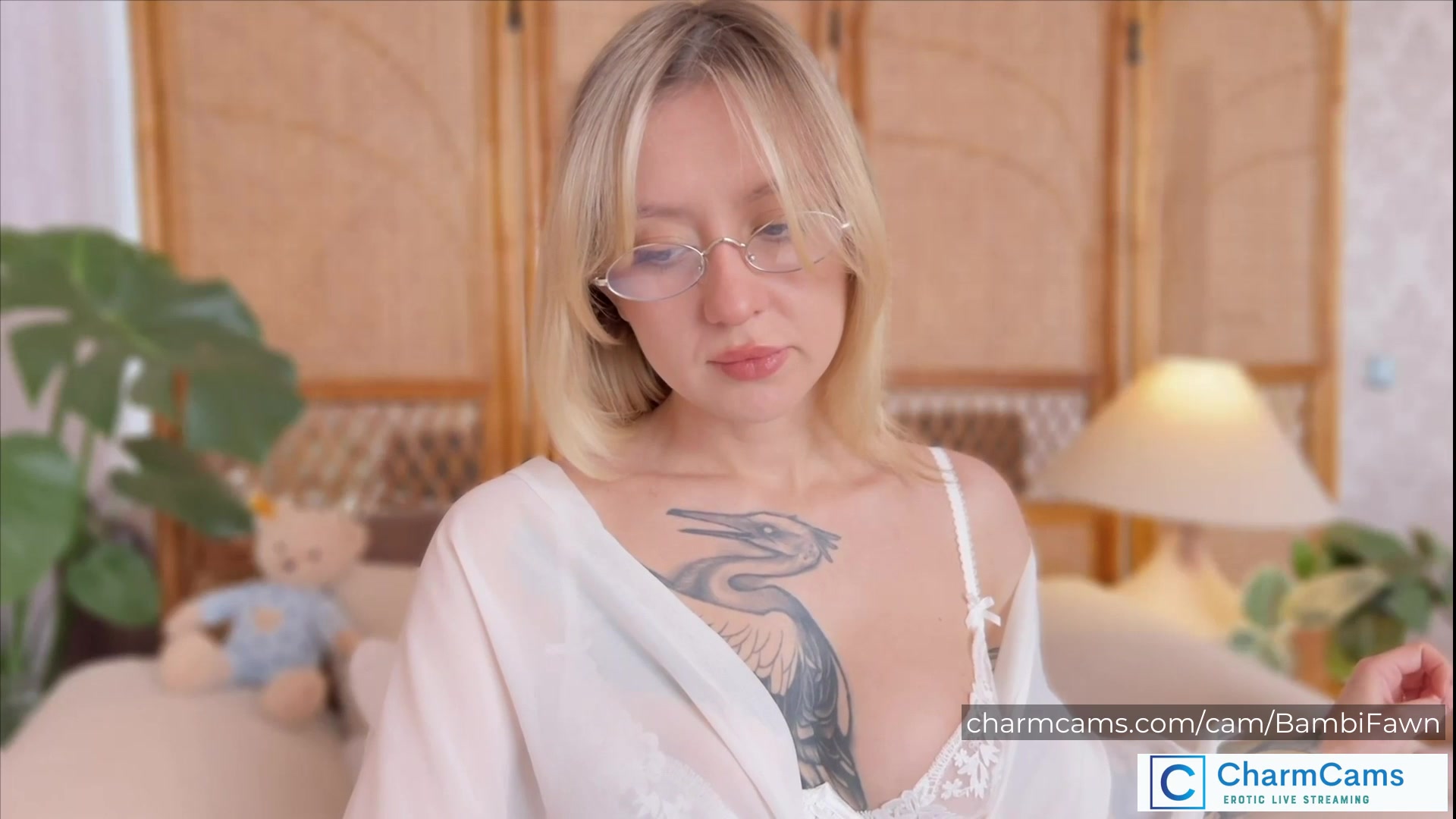 BambiFawn Stunning Blonde CharmCams Model with Glasses, Tatt