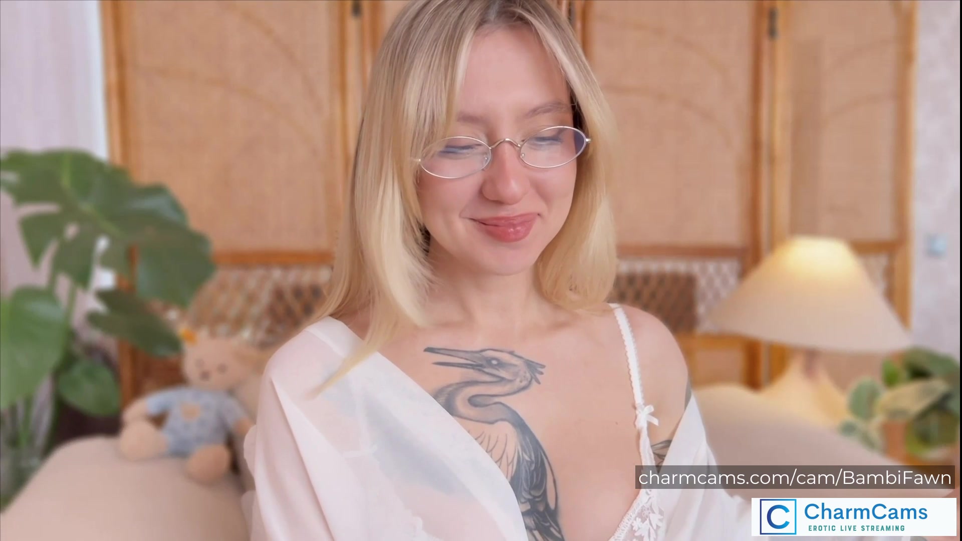 BambiFawn Stunning Blonde CharmCams Model with Glasses, Tatt