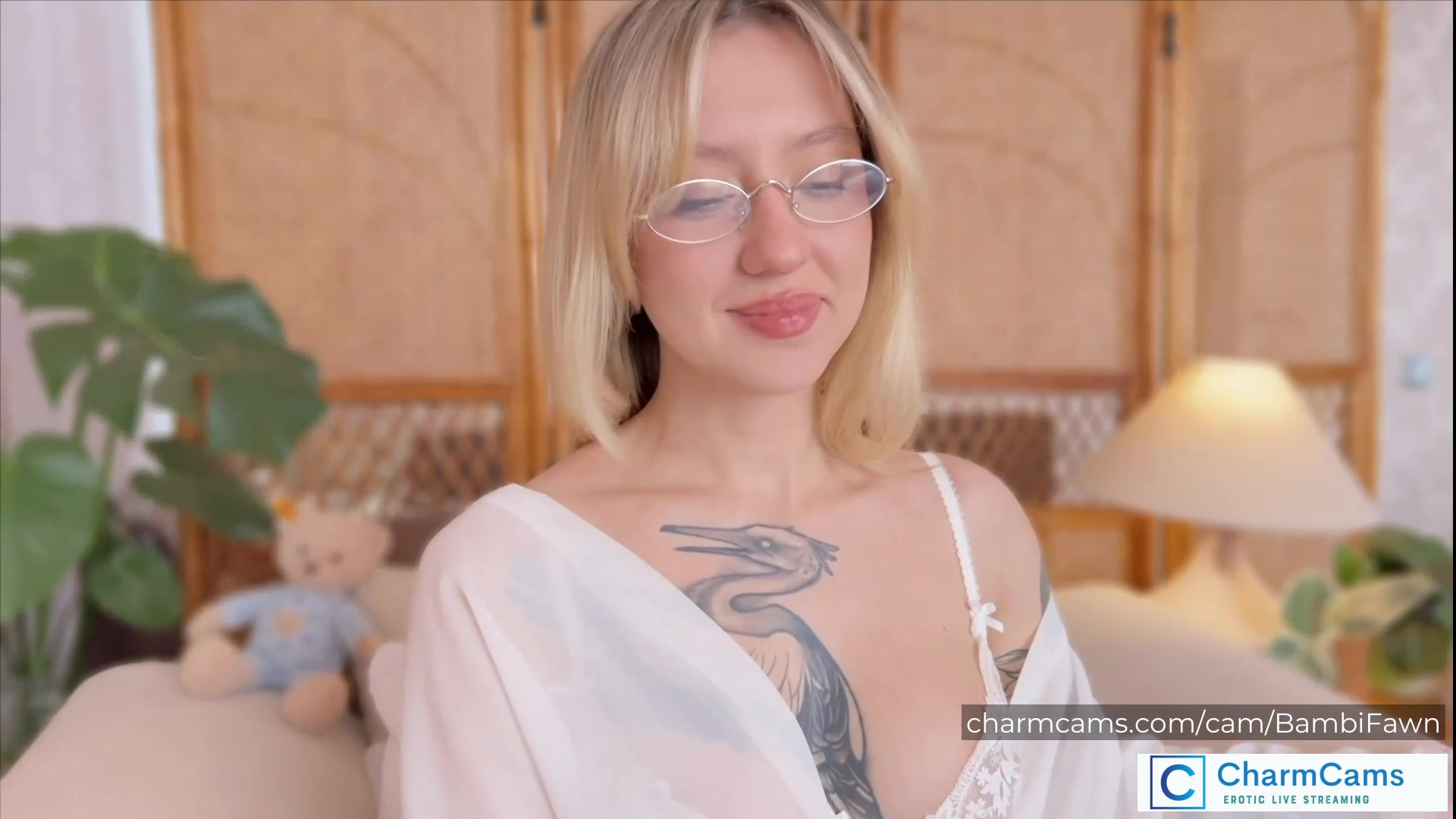 BambiFawn Stunning Blonde CharmCams Model with Glasses, Tatt