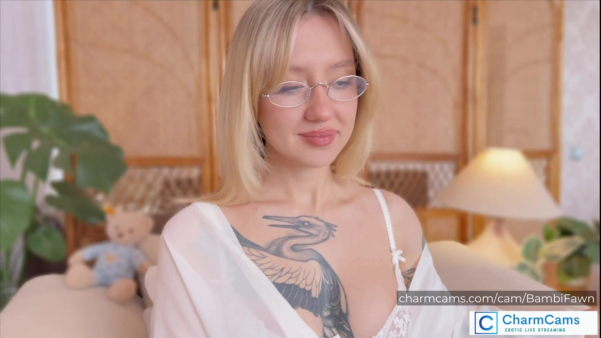 BambiFawn Stunning Blonde CharmCams Model with Glasses, Tatt