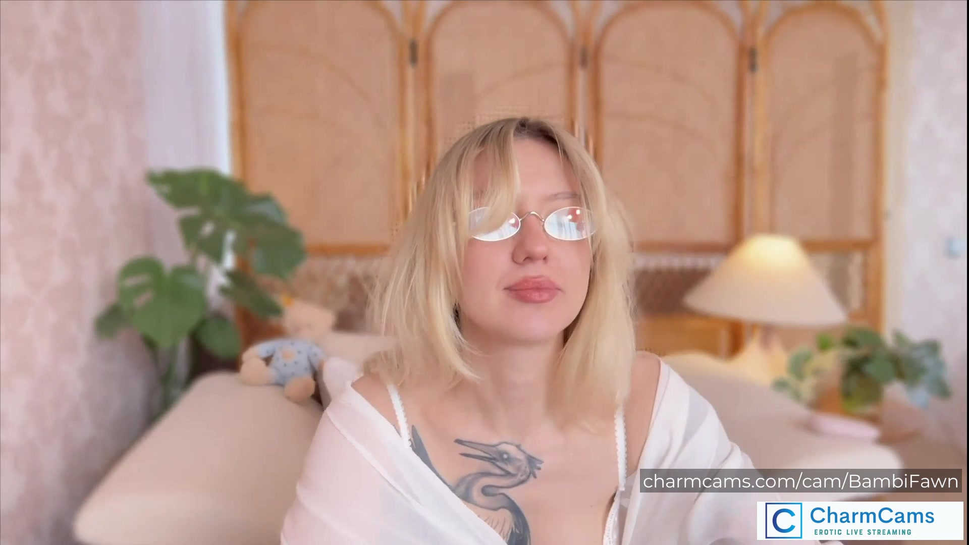 BambiFawn Stunning Blonde CharmCams Model with Glasses, Tatt
