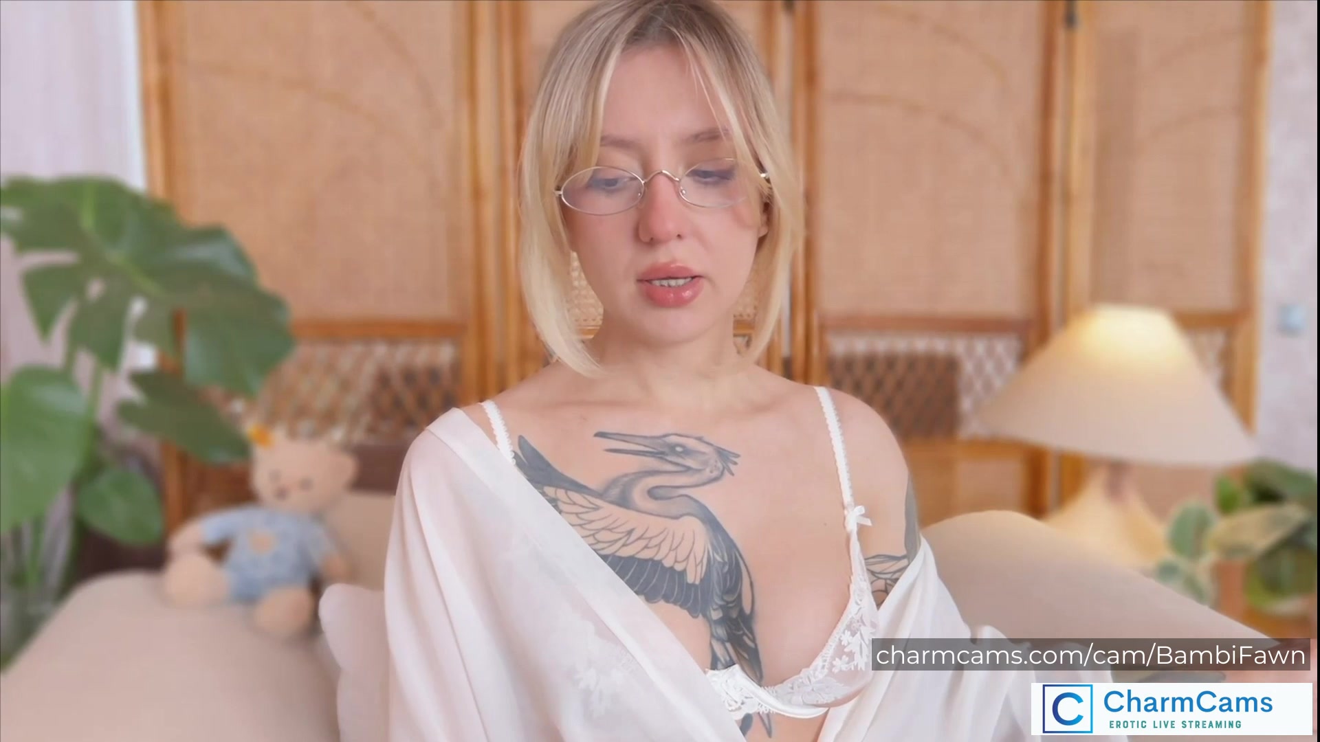 BambiFawn Stunning Blonde CharmCams Model with Glasses, Tatt