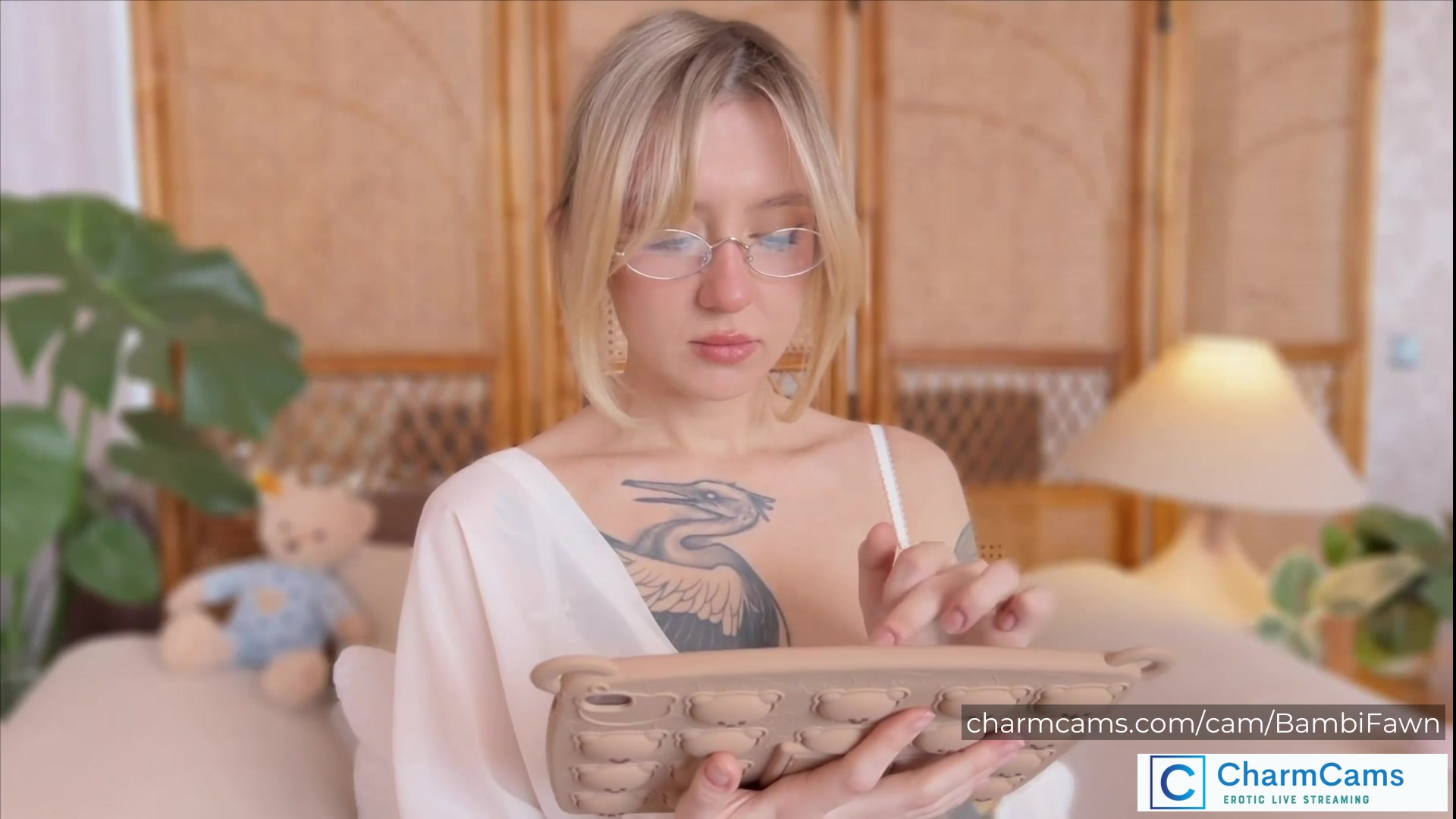 BambiFawn Stunning Blonde CharmCams Model with Glasses, Tatt