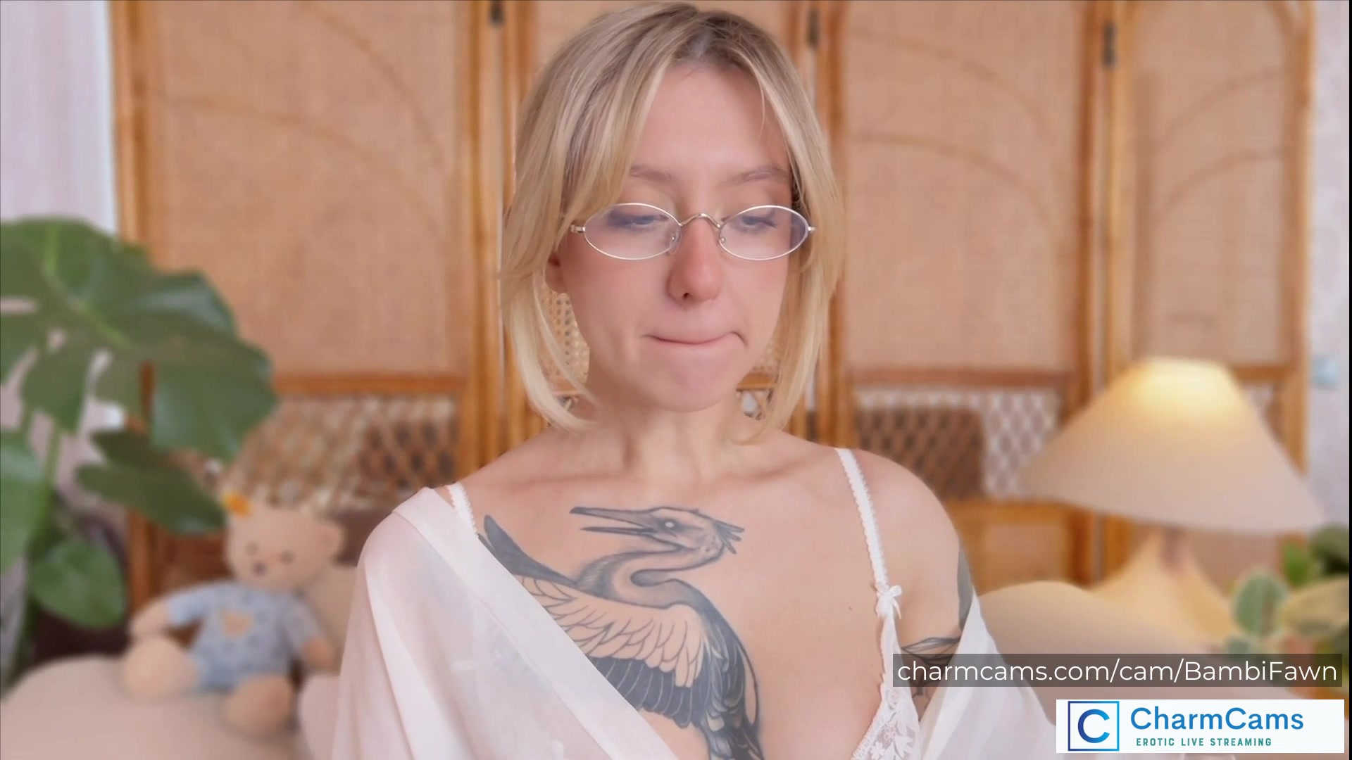 BambiFawn Stunning Blonde CharmCams Model with Glasses, Tatt