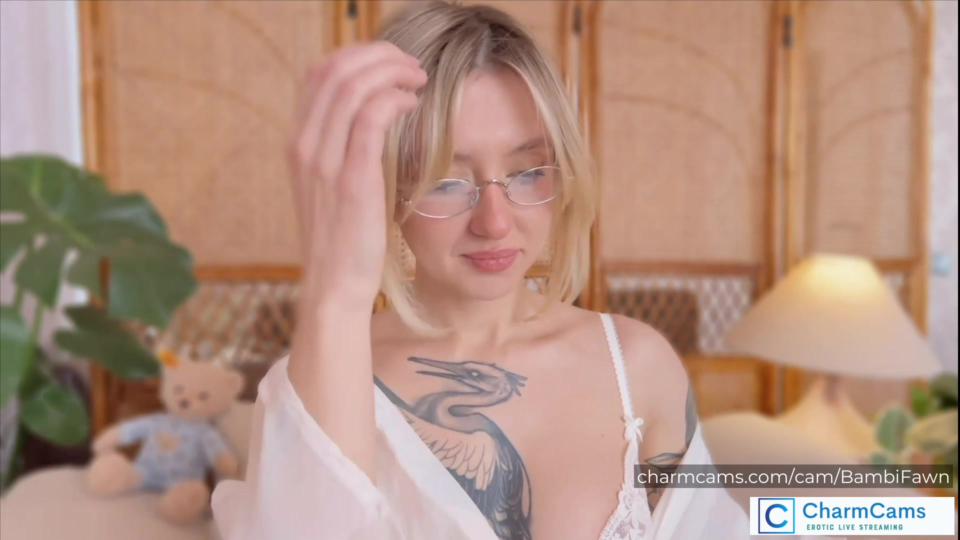 BambiFawn Stunning Blonde CharmCams Model with Glasses, Tatt
