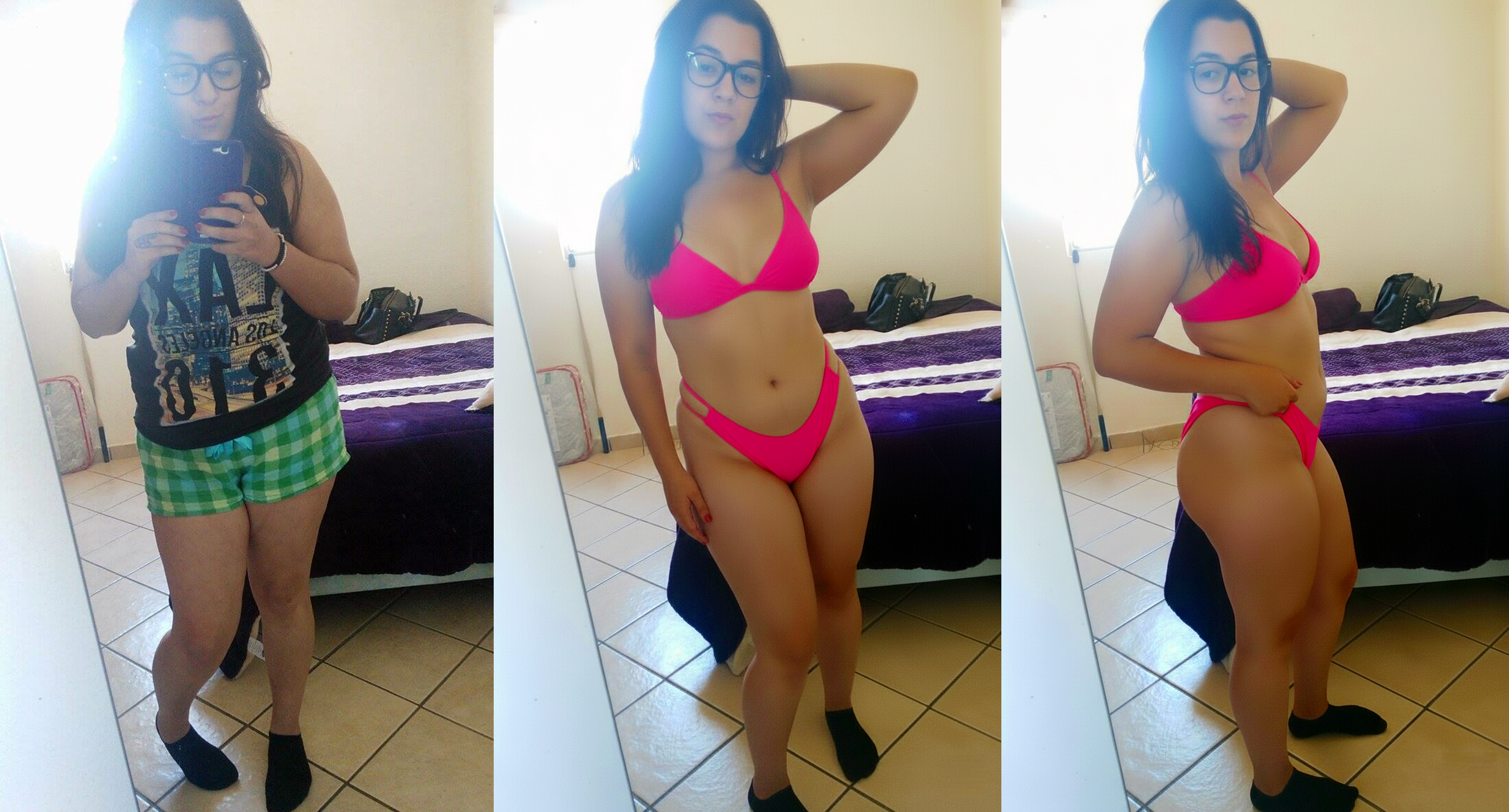 Luciendo el bikini rosa en su cuarto