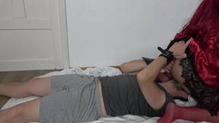 Girl in Red Pantyhose on Slave in Handcuffs Socks Femdome. PART 3