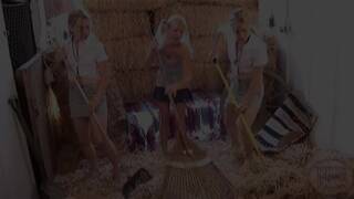 Texas Twins gets naked and fingering Trio at farmyard