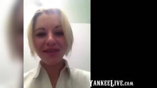 cute british girl fingers herself at work